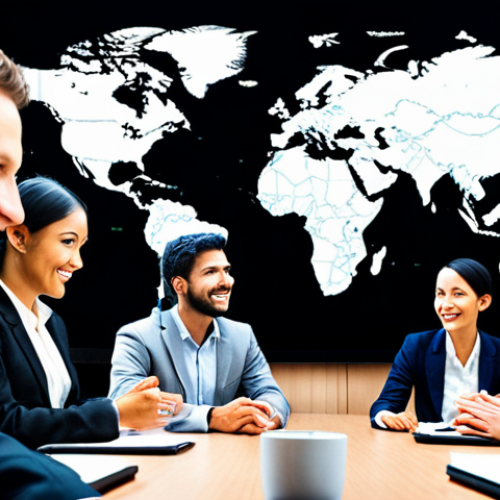 Home 23 **Image Prompt:** A diverse group of business professionals from different cultural backgrounds engaged in a meeting, some are smiling, others are listening intently. The background includes a world map and digital communication icons, symbolizing global connection and intercultural communication. The overall tone is positive and collaborative, highlighting the importance of empathy and cultural understanding in successful international business.