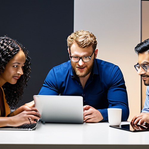 Home 22 ** A diverse group of business professionals from various countries collaborating on a digital project, using laptops and tablets, with a focus on intercultural communication and global teamwork. Style: Modern, vibrant, and inclusive.
**