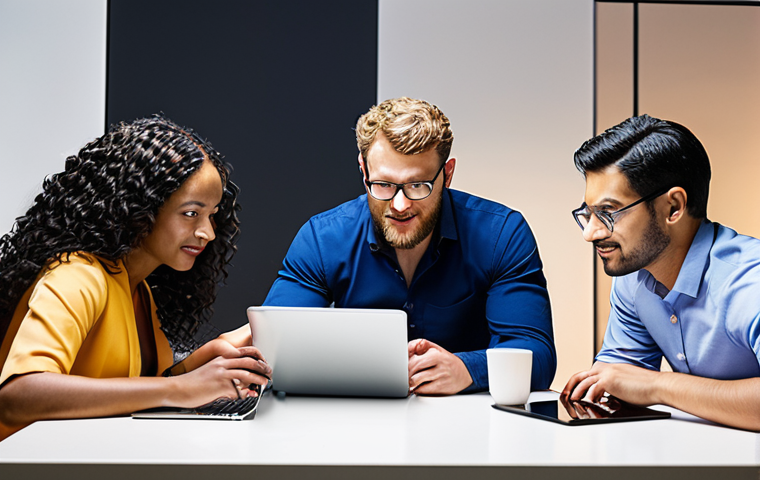 ** A diverse group of business professionals from various countries collaborating on a digital project, using laptops and tablets, with a focus on intercultural communication and global teamwork. Style: Modern, vibrant, and inclusive.

**