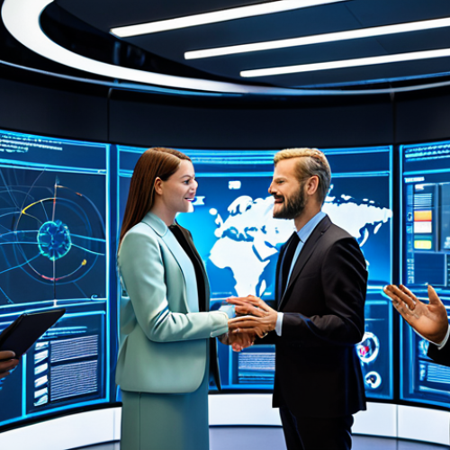 Home 21 A diverse team of international communication professionals, fully clothed in modern business attire, collaborating in a sleek, futuristic global communication center. They are gathered around a holographic display showing interconnected world data and AI-generated insights, emphasizing seamless cultural exchange and technological advancement. Natural pose, perfect anatomy, well-formed hands, correct proportions. Professional photography, high-resolution, vibrant colors, safe for work, appropriate content, modest clothing, family-friendly.