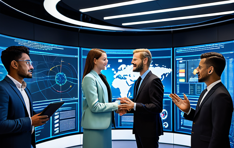 A diverse team of international communication professionals, fully clothed in modern business attire, collaborating in a sleek, futuristic global communication center. They are gathered around a holographic display showing interconnected world data and AI-generated insights, emphasizing seamless cultural exchange and technological advancement. Natural pose, perfect anatomy, well-formed hands, correct proportions. Professional photography, high-resolution, vibrant colors, safe for work, appropriate content, modest clothing, family-friendly.