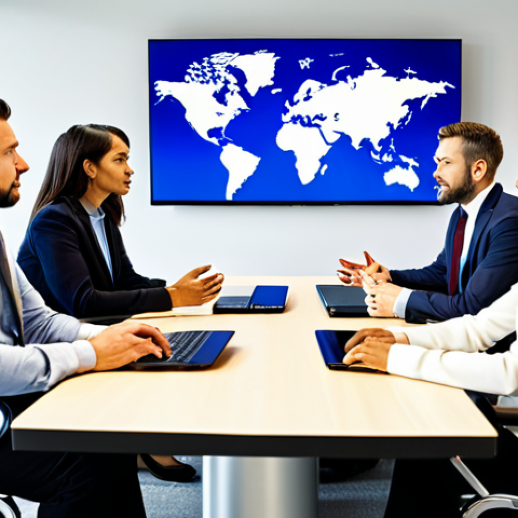 A group of diverse professionals, fully clothed in modest business attire, are engaged in a thoughtful, intercultural dialogue. They are gathered around a modern conference table in a bright, contemporary office space, with a subtle global network overlay on digital screens in the background. Each individual exhibits perfect anatomy, correct proportions, and natural, expressive poses, showcasing well-formed hands and proper finger count. The atmosphere is one of deep listening and mutual understanding, emphasizing connection beyond language. The image is a professional photograph, high-quality, hyperrealistic, and features intricate details. It is safe for work, appropriate content, fully clothed, and professional.