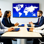 A group of diverse professionals, fully clothed in modest business attire, are engaged in a thoughtful, intercultural dialogue. They are gathered around a modern conference table in a bright, contemporary office space, with a subtle global network overlay on digital screens in the background. Each individual exhibits perfect anatomy, correct proportions, and natural, expressive poses, showcasing well-formed hands and proper finger count. The atmosphere is one of deep listening and mutual understanding, emphasizing connection beyond language. The image is a professional photograph, high-quality, hyperrealistic, and features intricate details. It is safe for work, appropriate content, fully clothed, and professional.