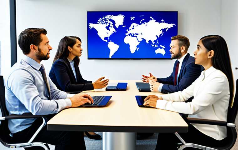 A group of diverse professionals, fully clothed in modest business attire, are engaged in a thoughtful, intercultural dialogue. They are gathered around a modern conference table in a bright, contemporary office space, with a subtle global network overlay on digital screens in the background. Each individual exhibits perfect anatomy, correct proportions, and natural, expressive poses, showcasing well-formed hands and proper finger count. The atmosphere is one of deep listening and mutual understanding, emphasizing connection beyond language. The image is a professional photograph, high-quality, hyperrealistic, and features intricate details. It is safe for work, appropriate content, fully clothed, and professional.