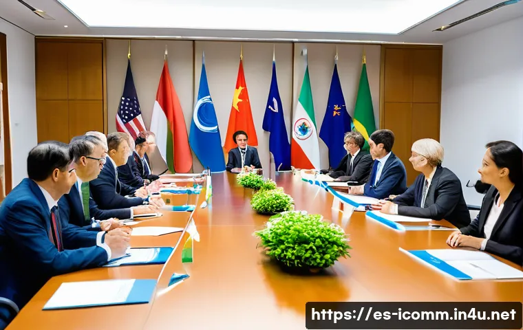 국제커뮤니케이션과 비즈니스 커뮤니케이션 차이점 - A diverse group of international diplomats and cultural representatives seated around a large confer...