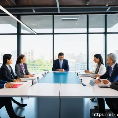 Home 32 국제커뮤니케이션 업무 스트레스 관리 - A diverse international office team engaged in a warm and respectful discussion around a large confe...
