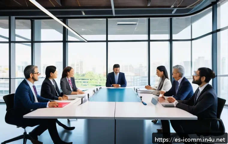 국제커뮤니케이션 업무 스트레스 관리 - A diverse international office team engaged in a warm and respectful discussion around a large confe...