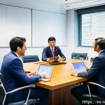 Home 18 국제커뮤니케이션 직무 역량 - A professional international business meeting scene showing diverse participants from Germany, Brazi...