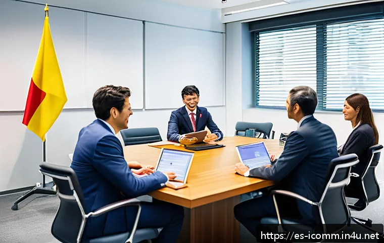 국제커뮤니케이션 직무 역량 - A professional international business meeting scene showing diverse participants from Germany, Brazi...