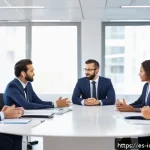 Home 23 국제커뮤니케이션 전문가로서의 가치 - A diverse group of international business professionals seated around a conference table, engaged in...